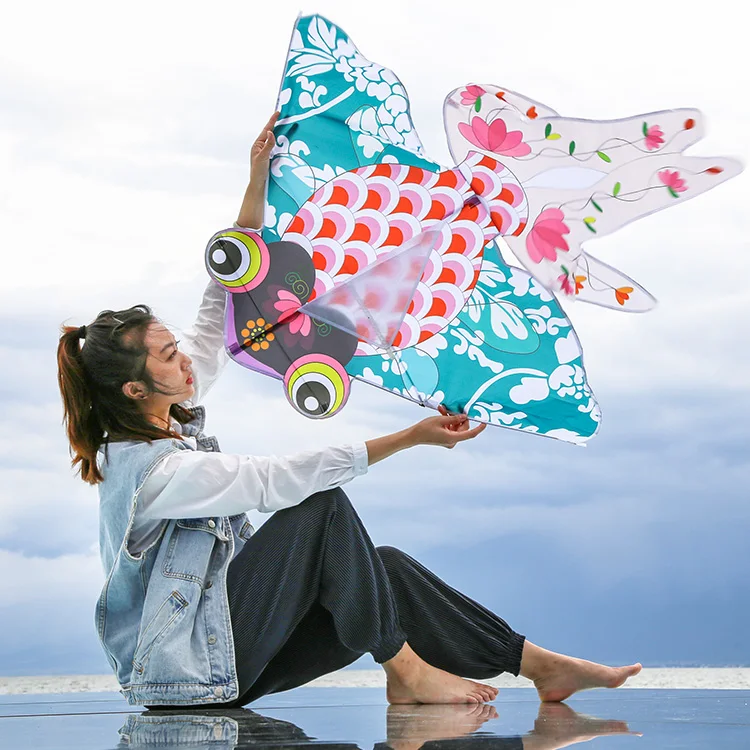 Chinese Traditional 120*160cm Blue-and-White Golden Fish Kite for Outdoor Flying