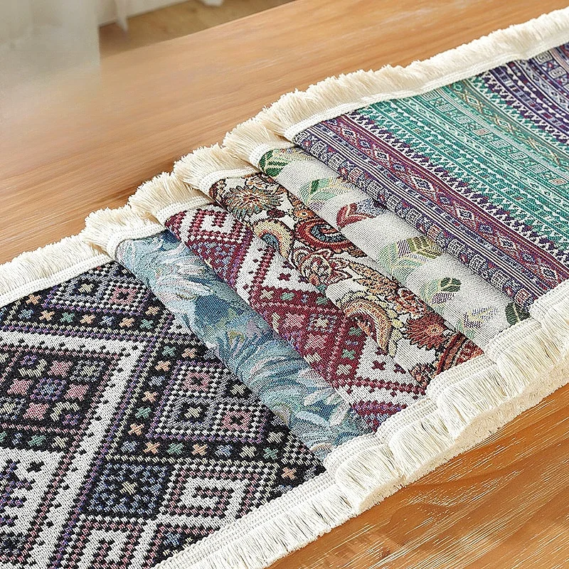 Boho Table Runner Cotton Linen Fabric with Tassel Exquisite Bohemian Design-F Rustic Farmhouse Table Runner