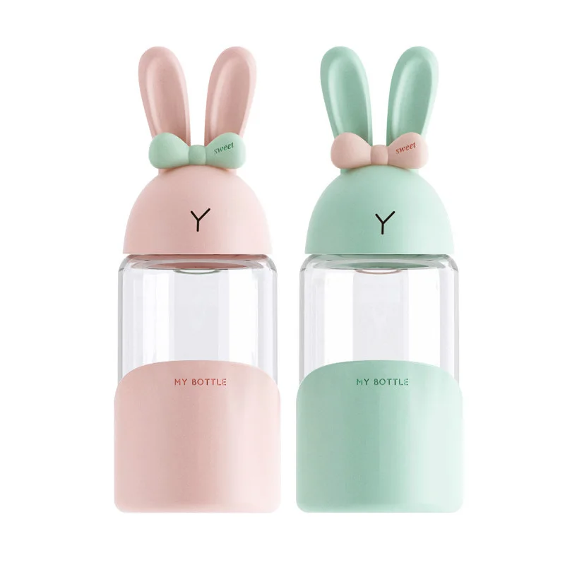 
Korean Style Creative Cute Cartoon Vertical Eared Rabbit Glass Water Bottles with Silicone Anti Slip Sleeve 