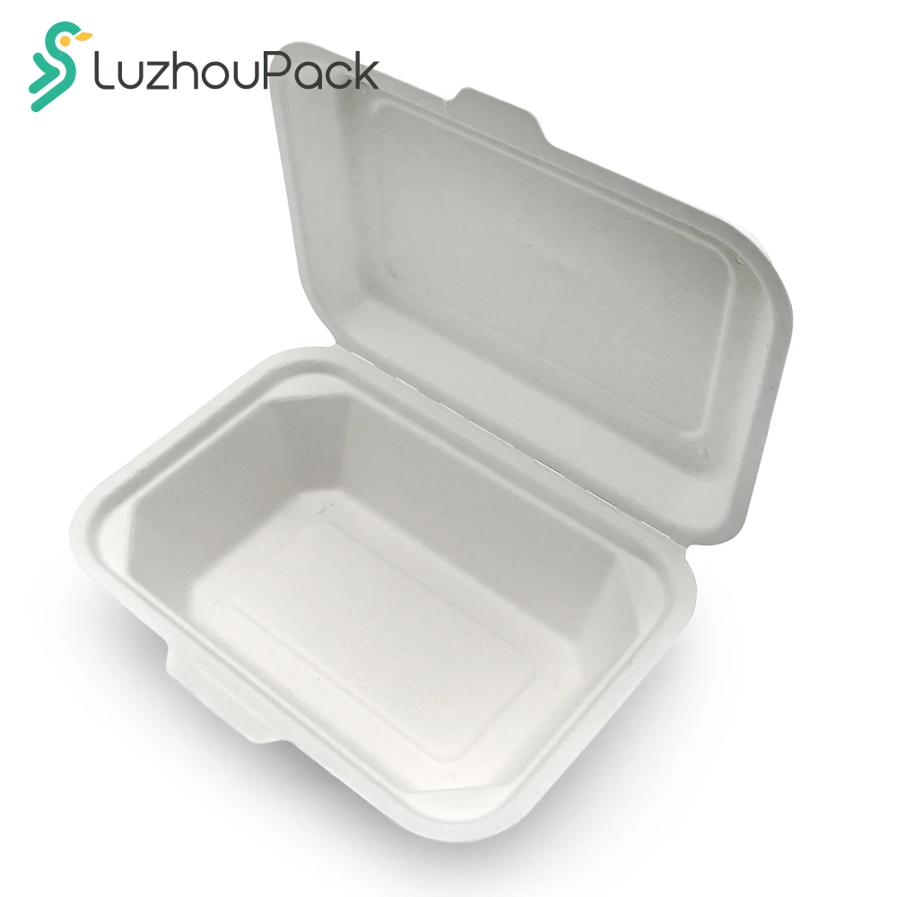 LuzhouPack biodegradable 49% sugarcane 600ml clamshell take-away container 51% bamboo disposable fast-food container