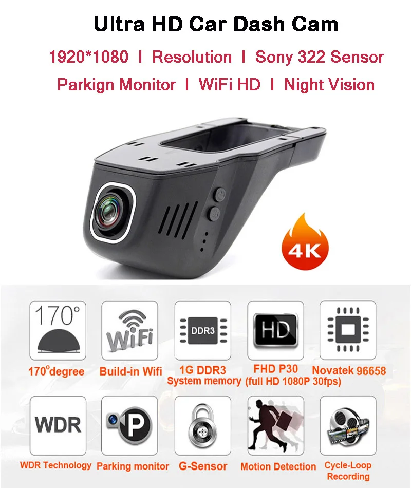 Скрытый Автомобильный видеорегистратор Wi-Fi 4k с разрешением NT96670 и чипсетом Sony 322 full hd 2160P черный ящик