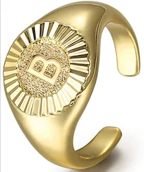 Gold Plated Initial Letter A-Z Signet Open Ring for Women Girls Stylish Knuckle Stackable Party Open Ring
