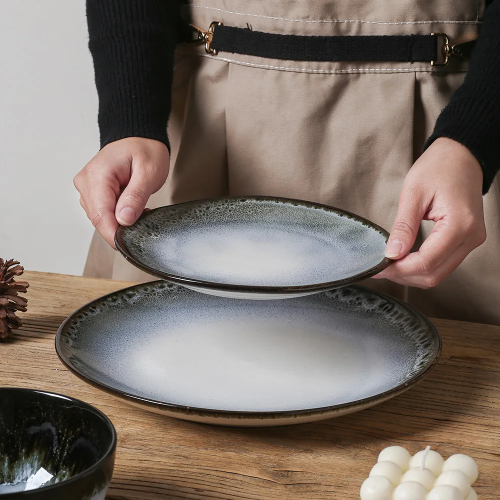 10 inch Reactive Glaze Black White Stoneware Plates Sets Dinnerware Tableware Platos Ceramic Dinner Plates Dishes