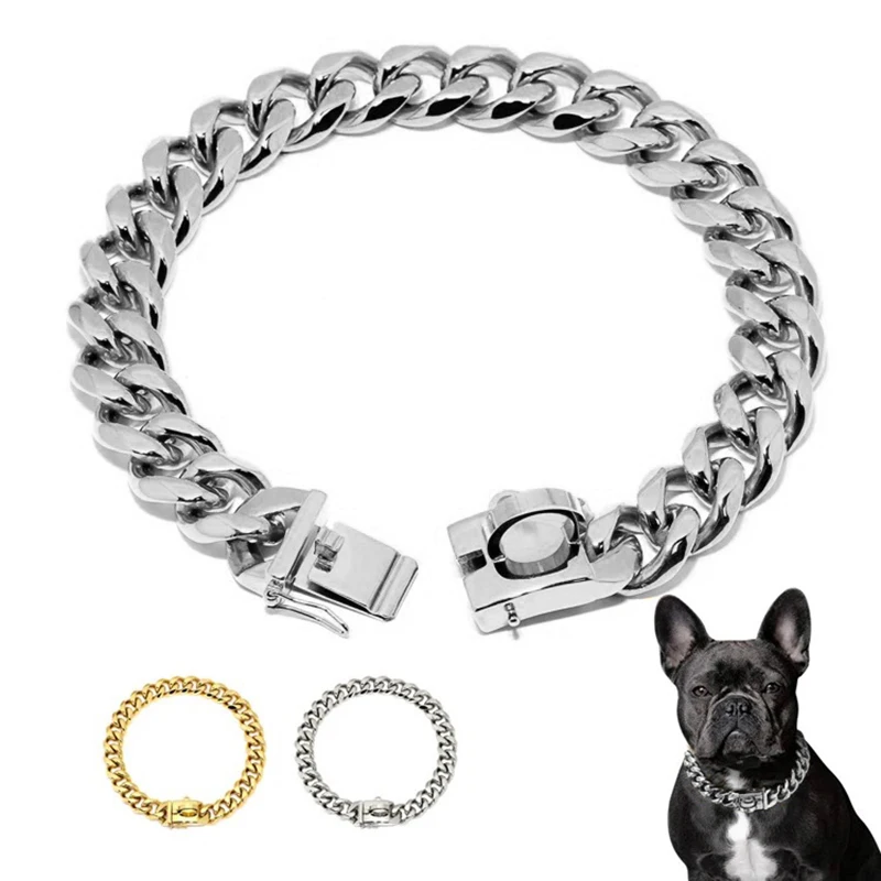 Factory Stainless Steel Chew Proof  19MM Gold Dog Chain Collar Metal with Design Secure Buckle for Dogs Cats