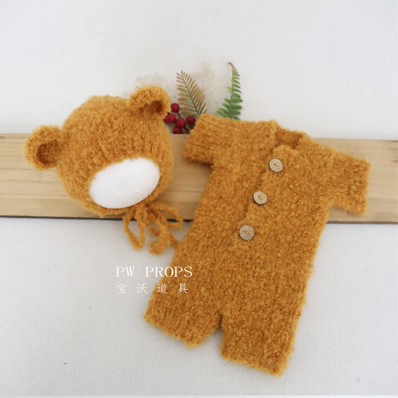 Knitted Newborn Baby Girl Teddy Bear Romper Outfit Vintage Clothes Dress Photography Props Baby Photo Props Clothes