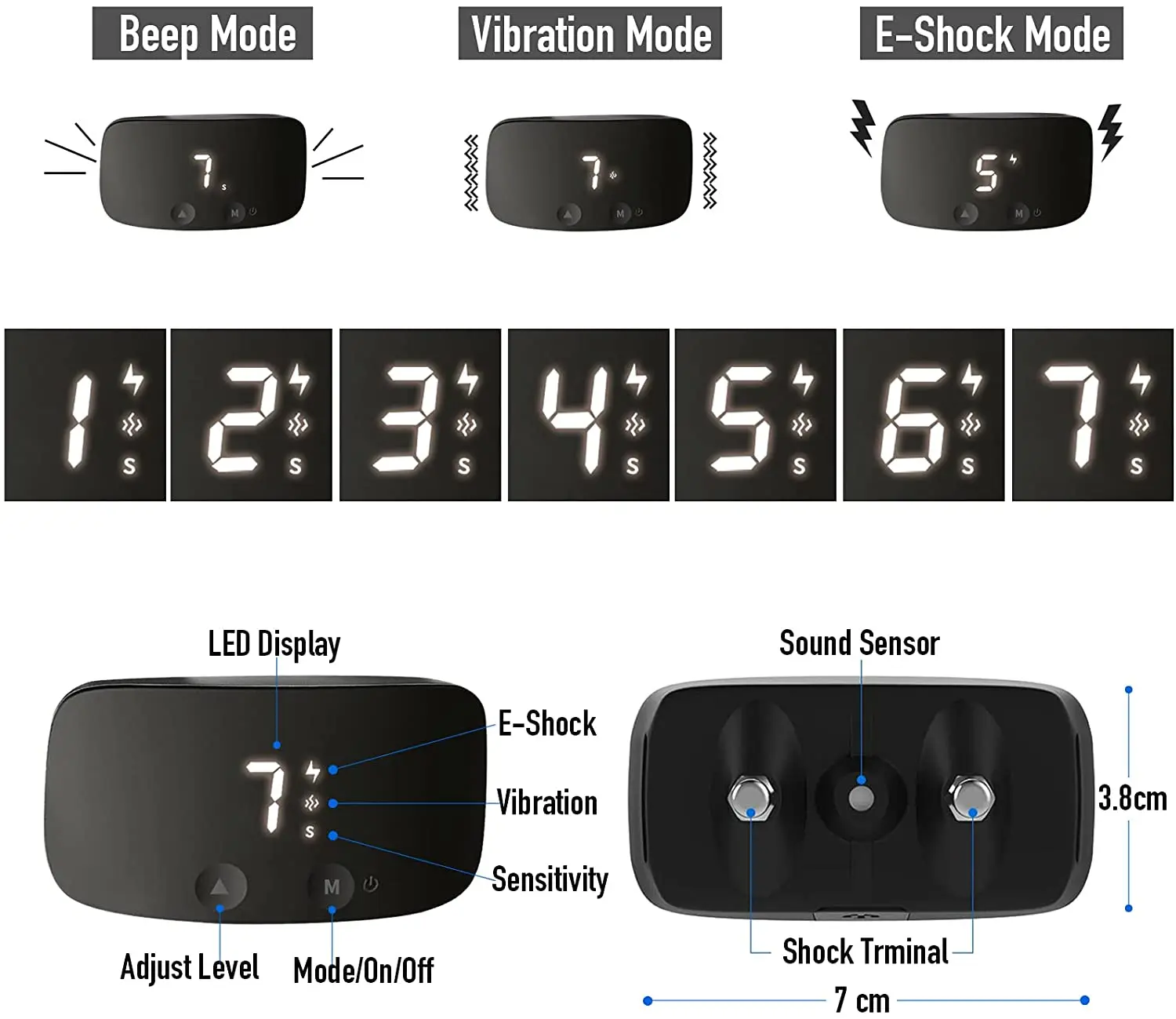 Bark Collar with Adjustable Sensitivity Beep Vibration and Optional Shock IP67 Rechargeable Dog Bark Collar