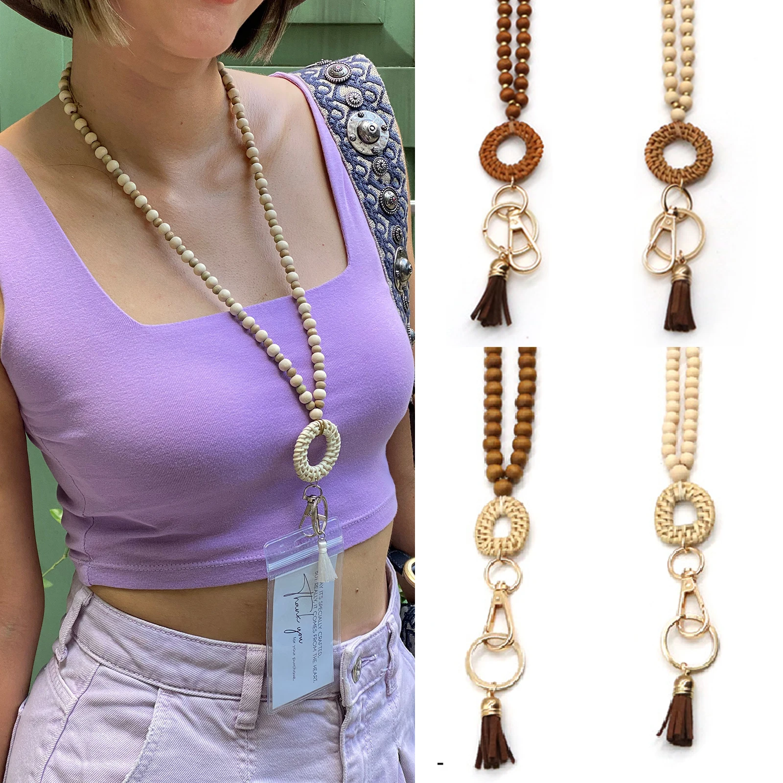 Bohemian Women Wooden Bead Lanyard  Silicone Beaded Keychain ID Card Lanyards Teacher Gifts Souvenir