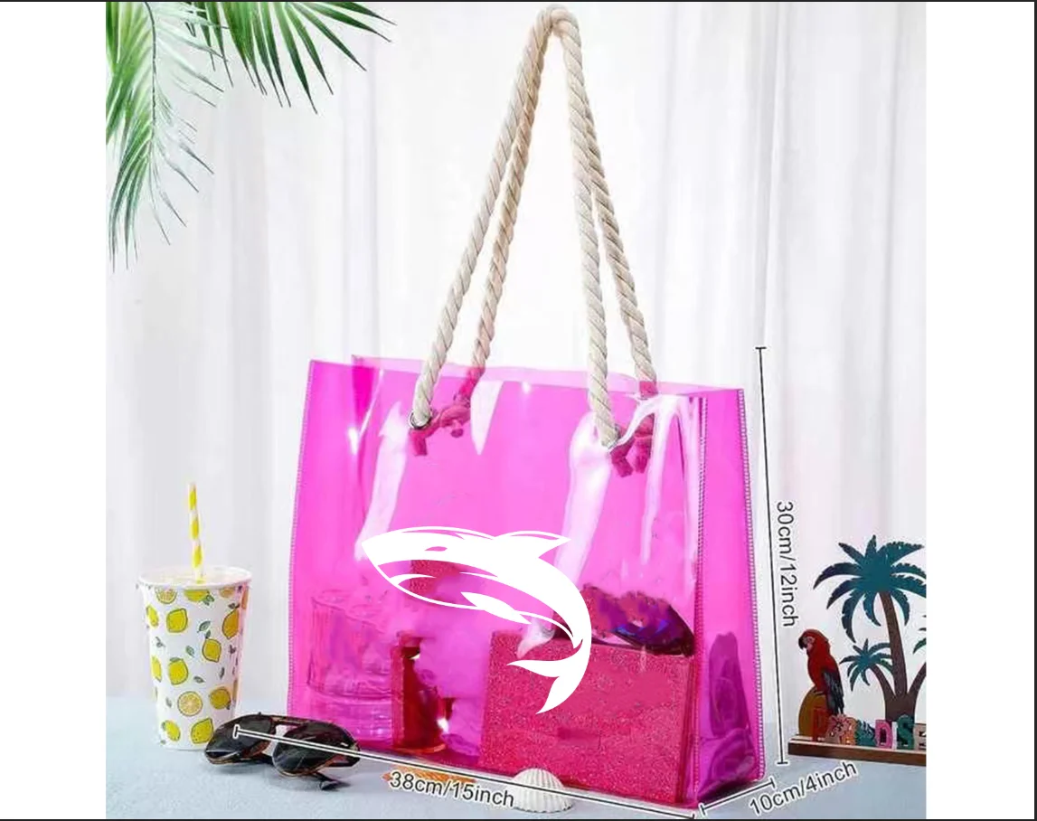 High quality Customized Fashion Pink Bags With Thick Cotton Handle Transparent Pvc Waterproof Tote Shopping Bag clear beach bag