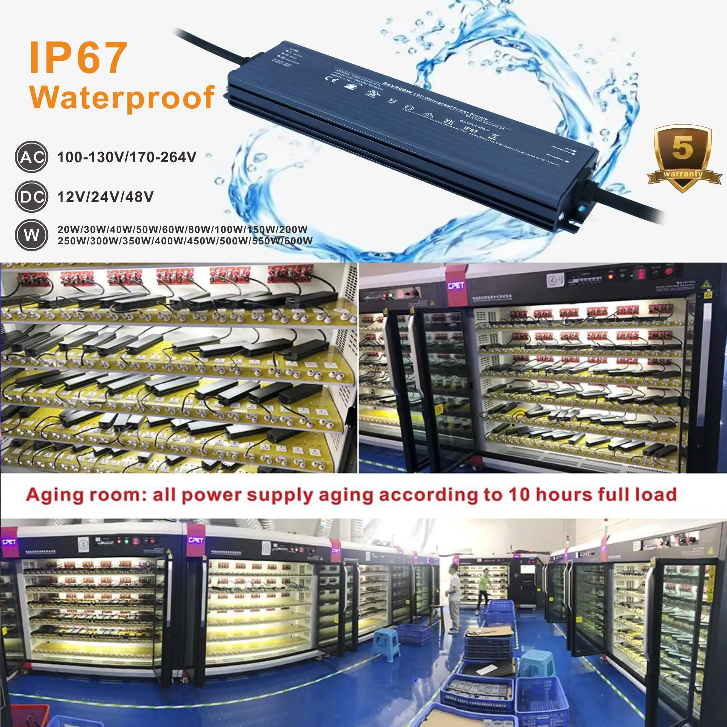 100-264VAC to DC 24V 300W Waterproof LED Power Supply 24V 12V 60W 100W 150W 200W 250W 300W Power Supply 3-year Warranty