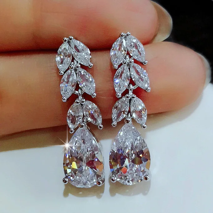  Luxury Leaf Zircon Bridal Earrings For Women Trendy Crystal Bling Drop Wedding Jewelry Party 2021