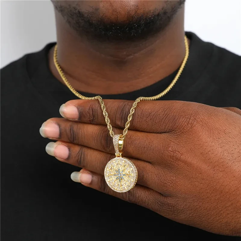 Hip Hop Bling Brass Iced Out Compass Pendant Gold Silver Color Cubic Zirconia Compass Pendant