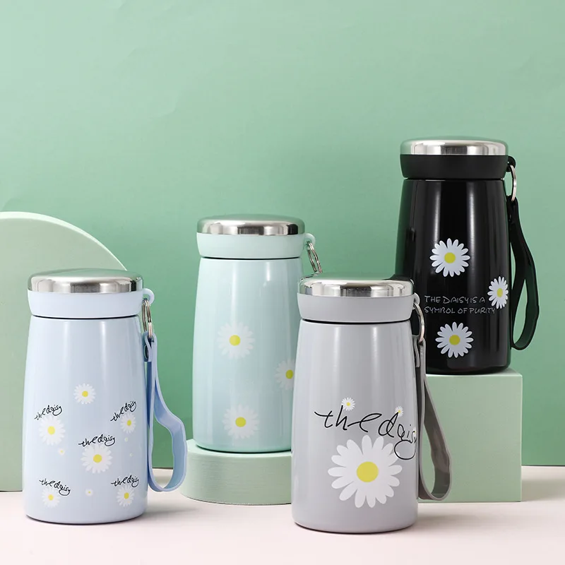 Feiyou small daisy cartoon blank flask vacuum kids 304 stainless steel water bottle with tea filter and rope