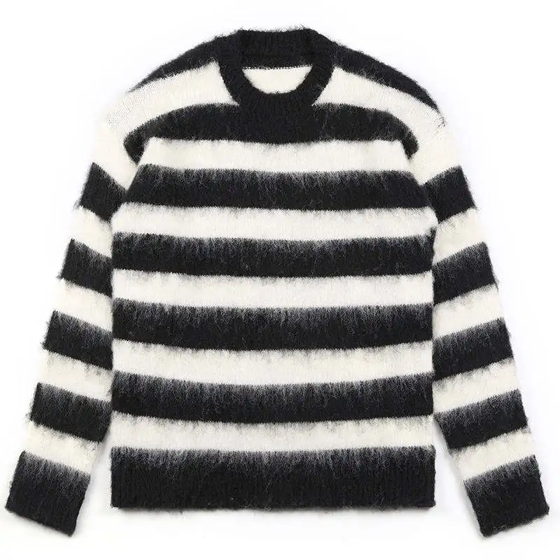 Knitwear merino wool  sweater Custom Stripe pull Mohair woollen Men Sweater Fuzzy  Knit Pullovers Jacquard Fur Wool Sweater M