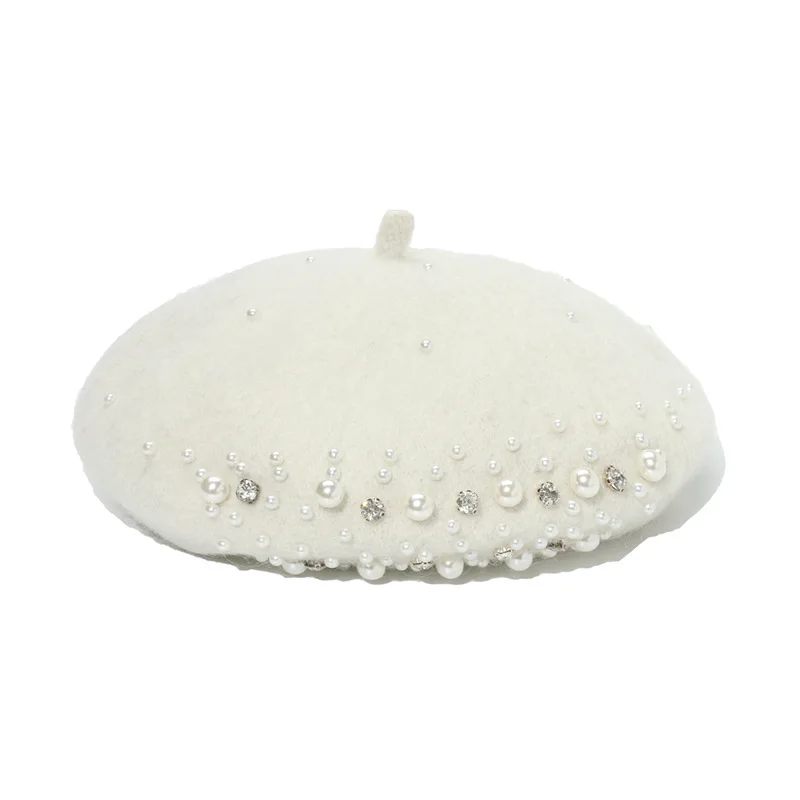2024 Factory wholesale high quality autumn winter Lady Korean version British pearl point diamond wool painter hat bud Beret hat