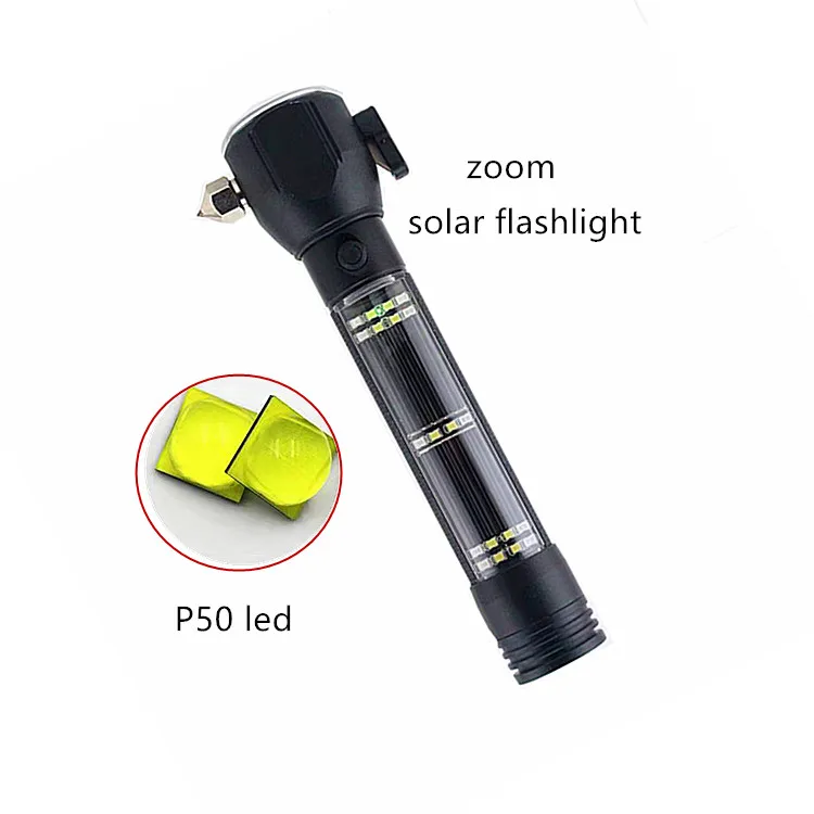 2022 New P50 Zoomable Emergency Solar Light Led,Outdoor Safety Hammer/Cutter/Compass Magnetic Powerful Flashlights Solar Energy
