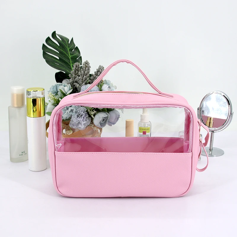 Custom High Quality Large Travel Kit Clear PVC Window See Through Pink Cosmetic Bags