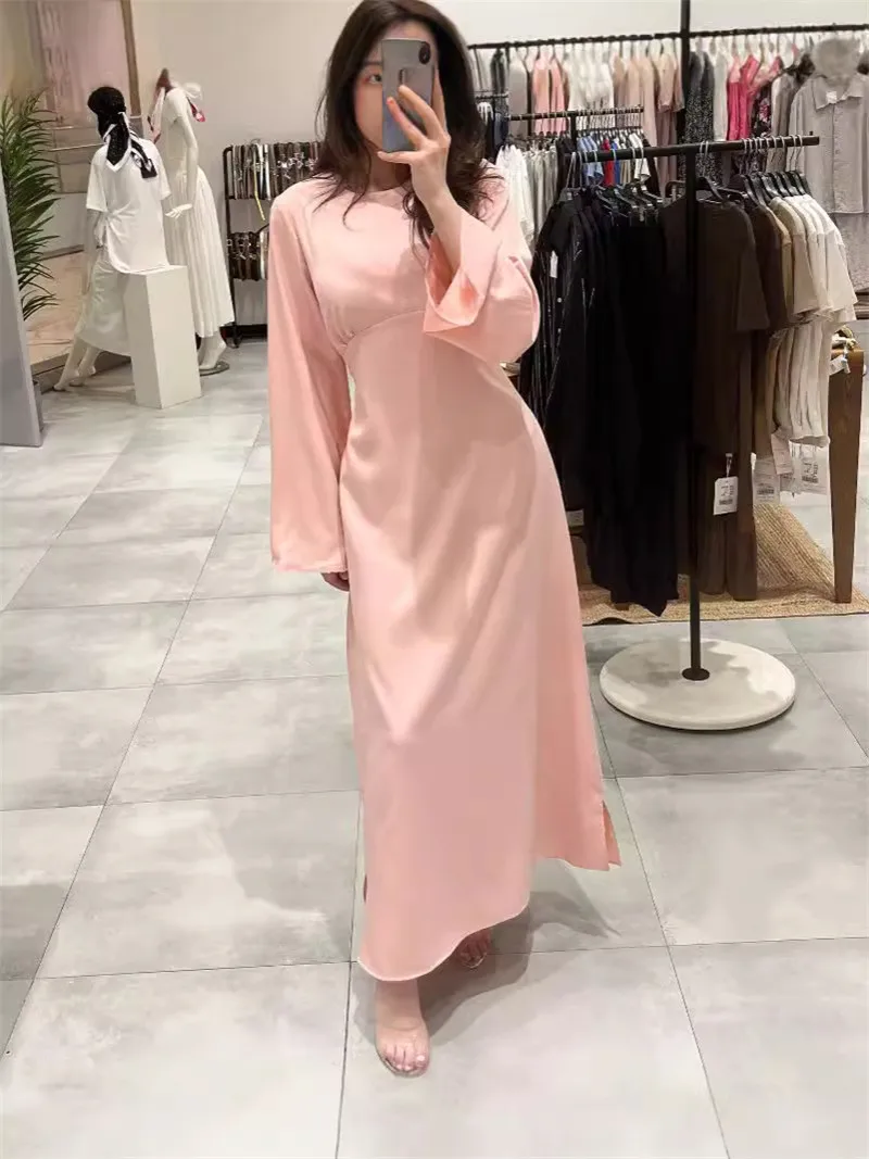 Modest Elegant Floor Length Tee Dress Ladies Slim Plain Long Sleeve Abaya Cotton Linen Maxi Muslim Dresses For Women