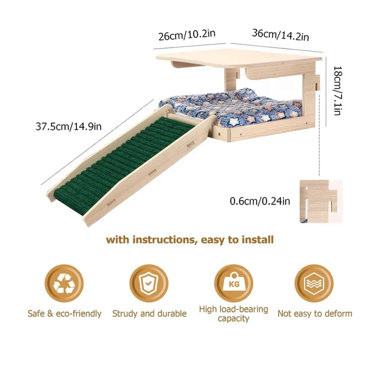 Save Space Guinea Pig Hideout Natural Wooden Small Animal House Bed With Stairs And Mat