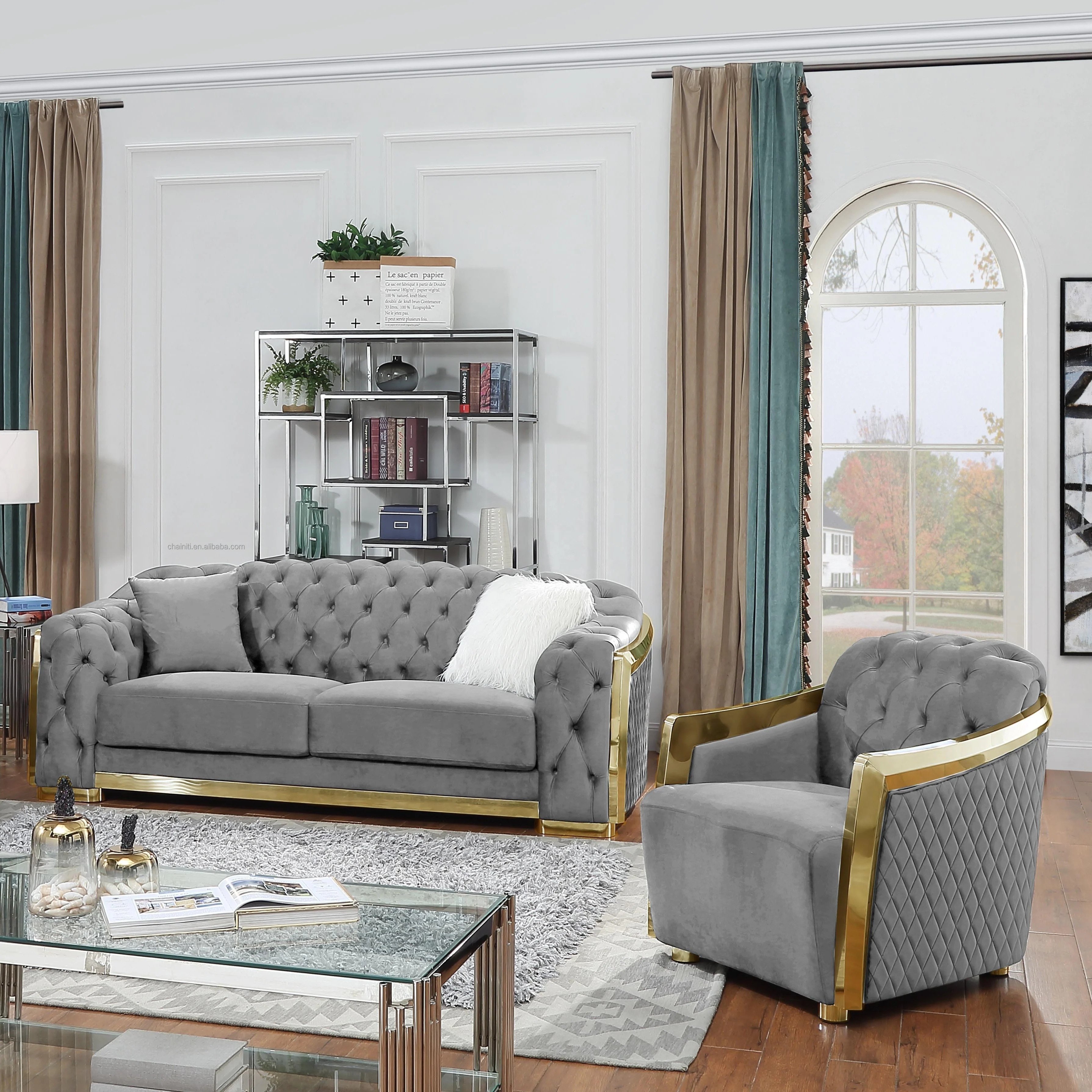 modern furniture stainless steel furniture velvet fabric wholesale sofa