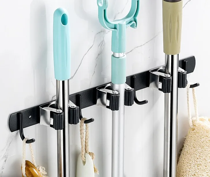 High Quality Stainless Steel Wall Mounted Mop Broom Holder Organizer Non-Slip Screws or Self Adhesive Storage Rack Hangers