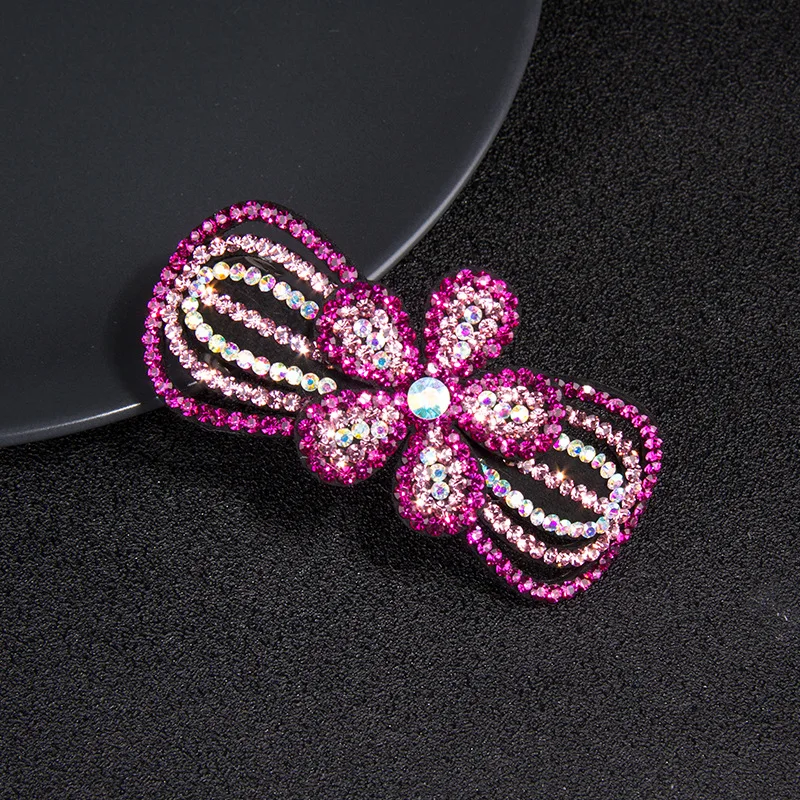 Luxury Rhinestone Flower Hairpin Full Crystal Top Clip Hair Barrette Shinny Bow Spring for Girls