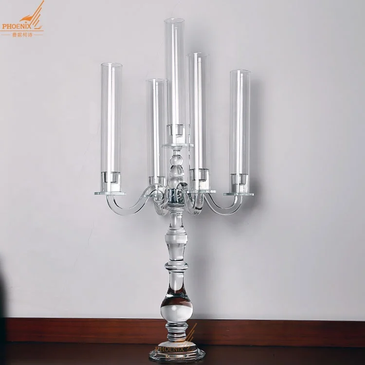 Popular cheap price 5 lights elegant 80cm tall crystal glass candelabra glass tubes candleholders wholesale