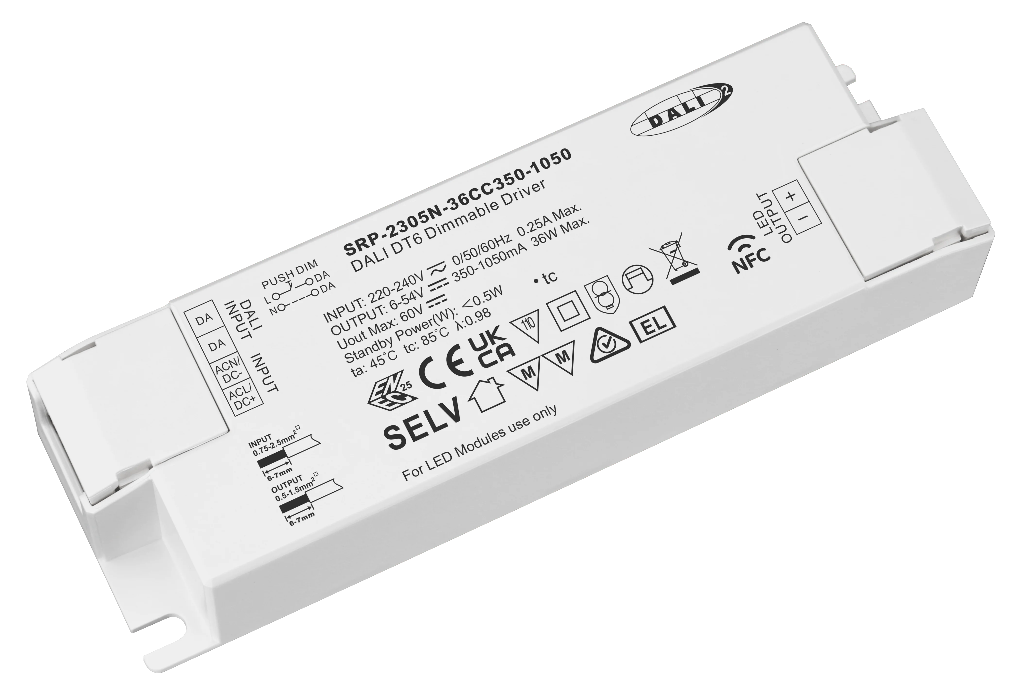 Sunricher 36W DALI DT6 NFC Enabled LED Driver With  350-1050mA Current Selectable via NFC Program Tool.