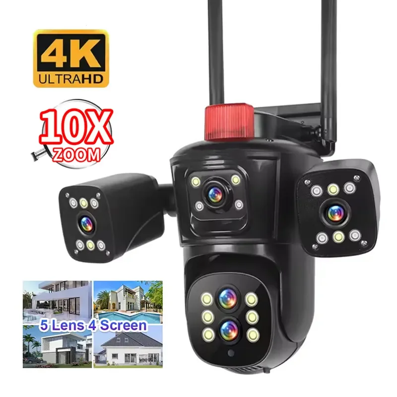 HD Smart Home Outdoor Wireless Camera 10X Optical Zoom 5 Lens Four Screen PTZ Micro SD Card Data Storage Video Surveillance Wifi