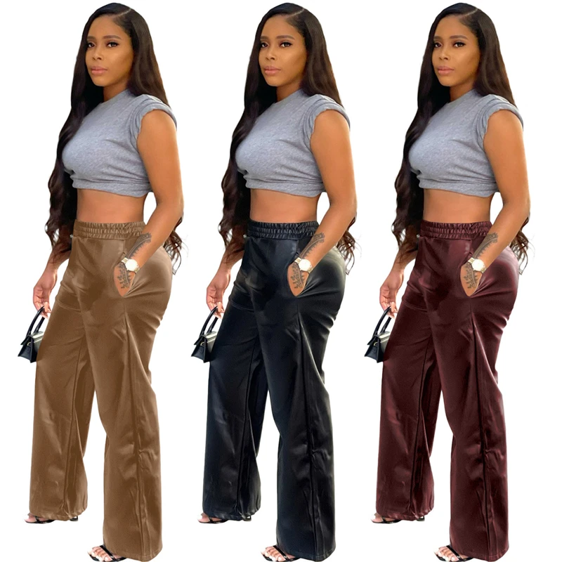 women brown high waisted genuine real faux pu leather hot black jogger wide leg straight pants women with pocket for women
