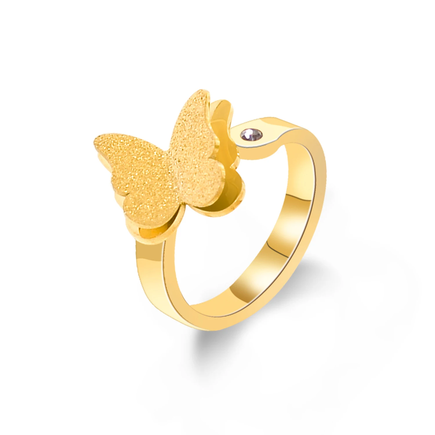 Hot Selling Non-fading 18K Gold Plated Titanium Steel Frosted Three-dimensional Butterfly Design Simple Open Ring for Women