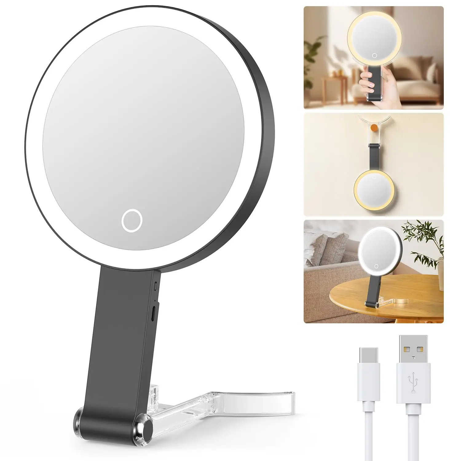 3 in 1 Hand Held Tabletop Hanging Mirror Magnification 10X Portable Travel Mirror Lighted Makeup Mirror with Lights