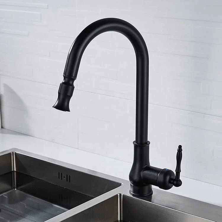 European Style Single Handle Kitchen Faucet,Antique Copper One Hole Pull Down Brass Faucet with Cold Hot Mixer Hoses