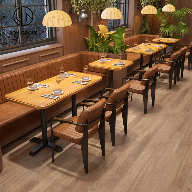 China modern pizza luxury coffee tea shop cafe leather wood square restaurant furniture bench sofa seating table and chair set