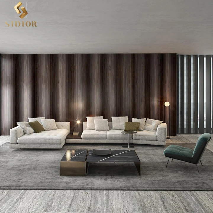 High End Furniture Minimalist Modern Grey Real Leather Sectional Linen Villa 8 Seater Couch Sofa Set L Shaped Corner Sofa Couch