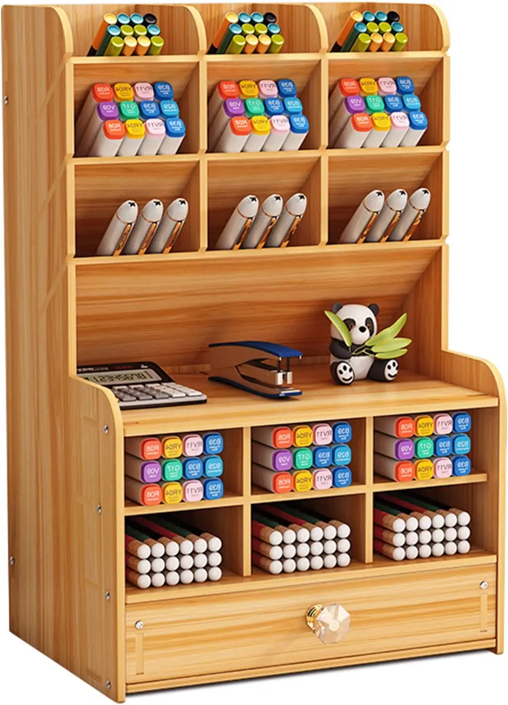 Wooden Pencil Holder, Pen Organizer for Desk with 15 Compartments + Drawer, Desktop Stationary Storage Organizer Caddy