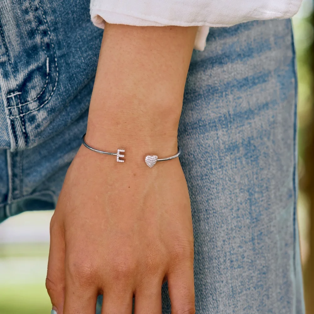 Dylam E Letter Alphabet Bangle Cuff Bracelets Plated Love All 26 Letter Silver Bracelets for Women Friendship Birthday Gifts