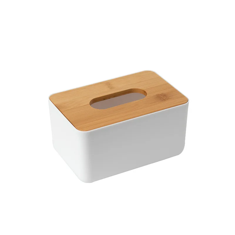 Latest simple design white tissue box storage holder wood  bamboo cover plastic tissue paper box