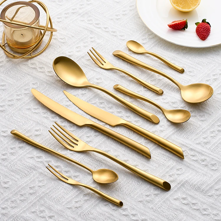 Heavy Weight Thick Handle Golden Matte Flatware Stainless Steel Wedding Event Cutlery Set