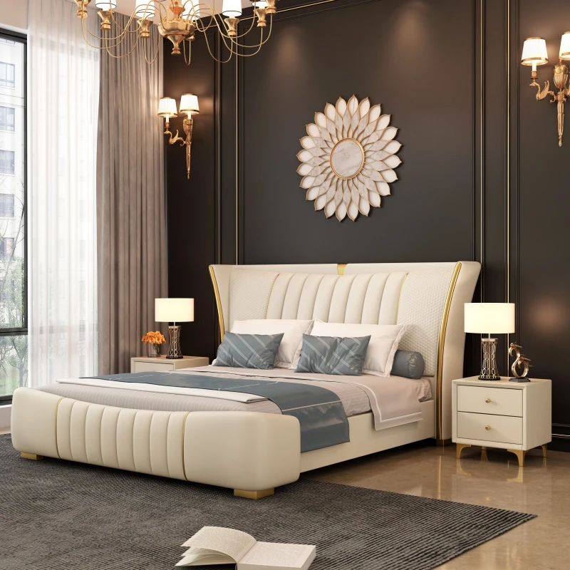 Home King Size Big Headboard Leather Upholstered Italian Style Modern Luxury Bed Room Frame Set Bed room Furniture