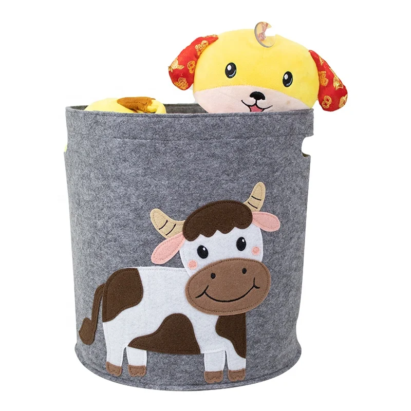 New Design Cartoon Embroidery Ornament Storage Toy Storage Organizer Foldable Fabric Felt Laundry Basket