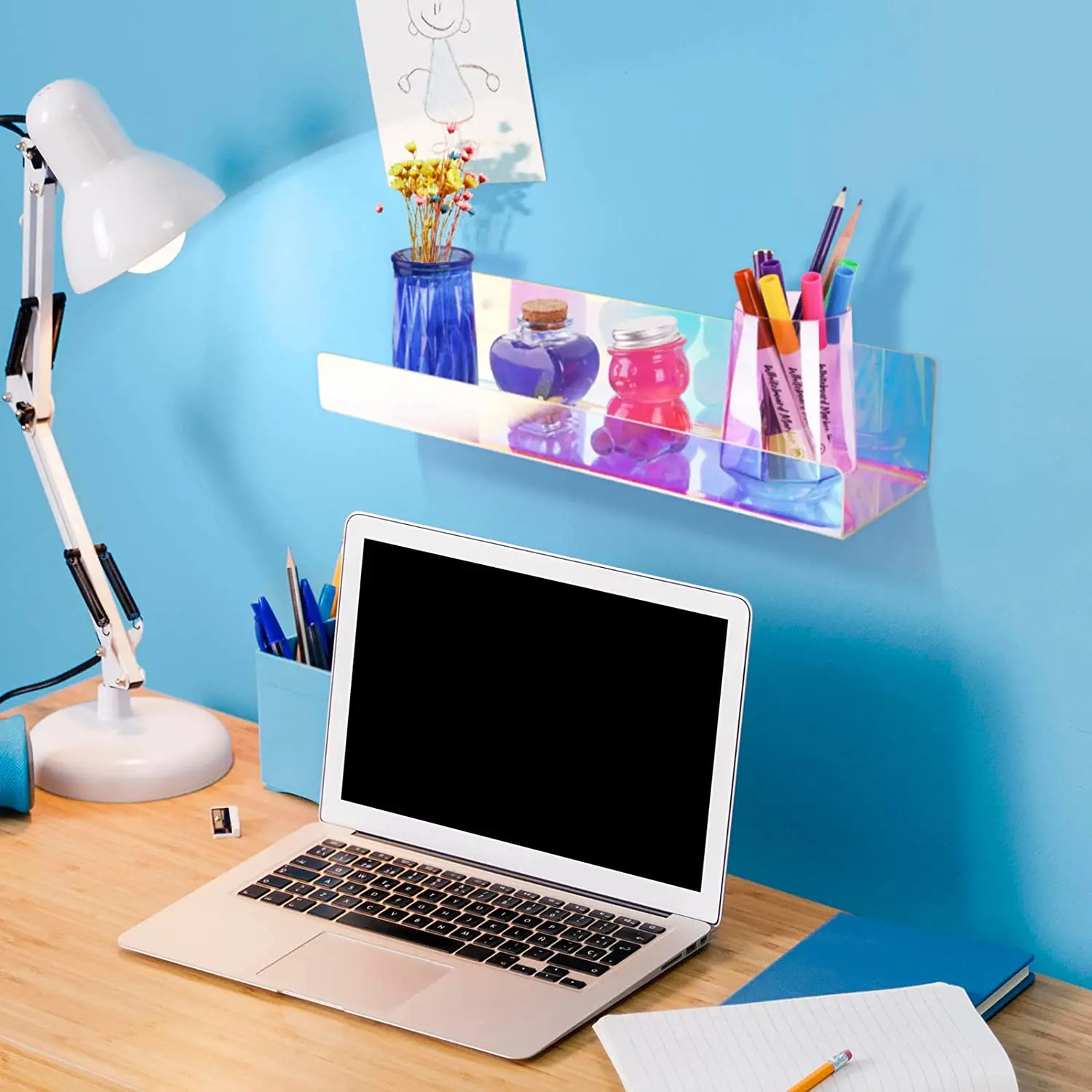 15' Clear Holographic Acrylic Floating Ledge Shelf 2-Piece Pack PS Plastic Wall Mounted with Sticker Logo Plastic Carton Packed