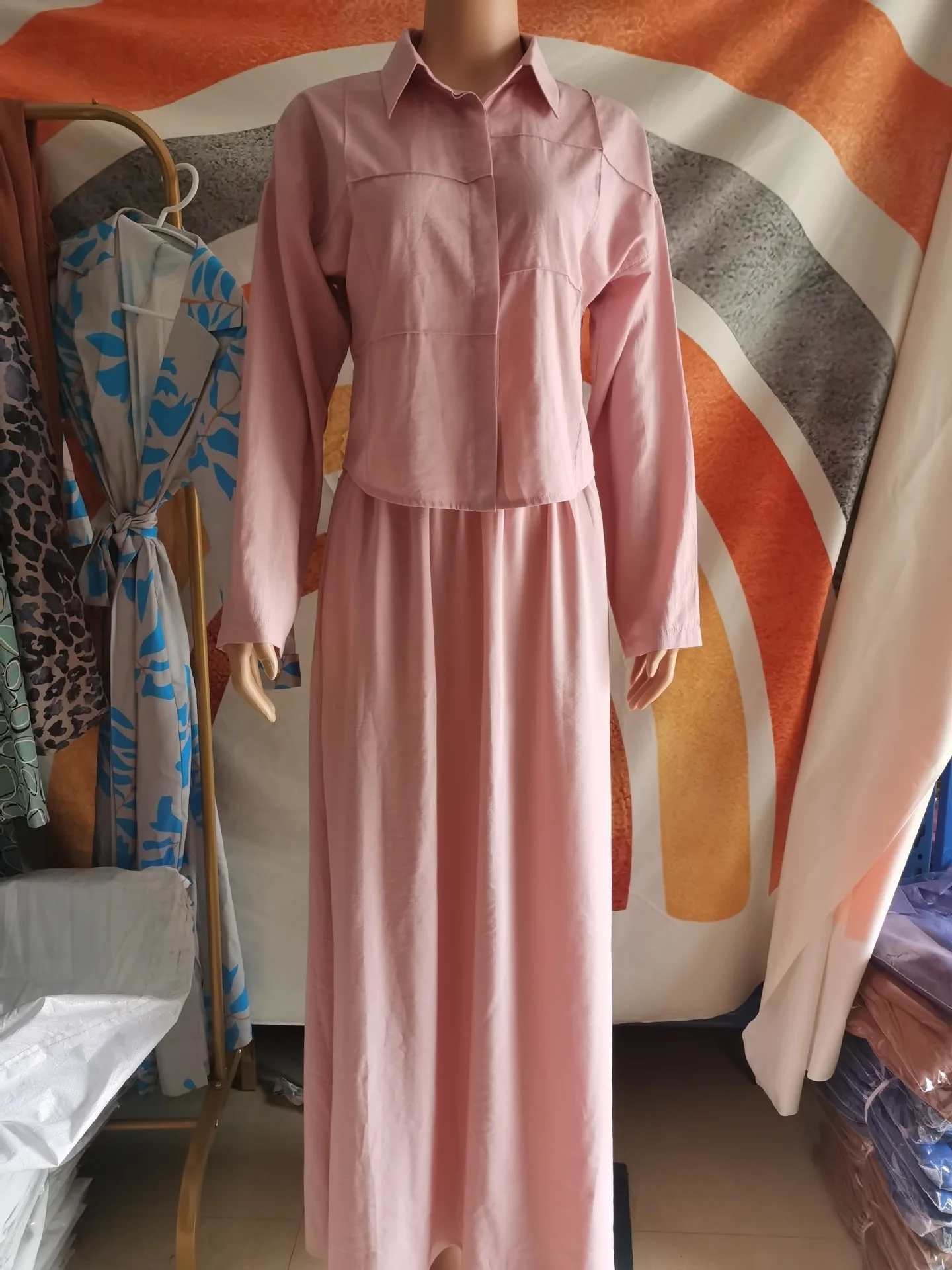Fashion Pink 2 piece Long Sleeve Button Shirt Casual A Line Skirt Loose Modest Blouse Vintage Dress Suit