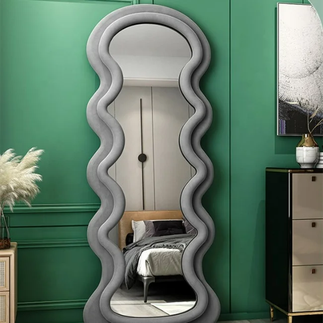 Factory modern living room simple decor floor standing large irregular fabric framed full length body wavy wall mirror espejos