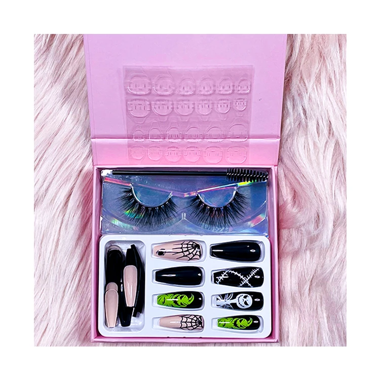 New Arrival Matte Pink Eyelash Packaging Free Sample Women Luxury Press on Nails and Fake Faux Mink Eyelashes Lash Set