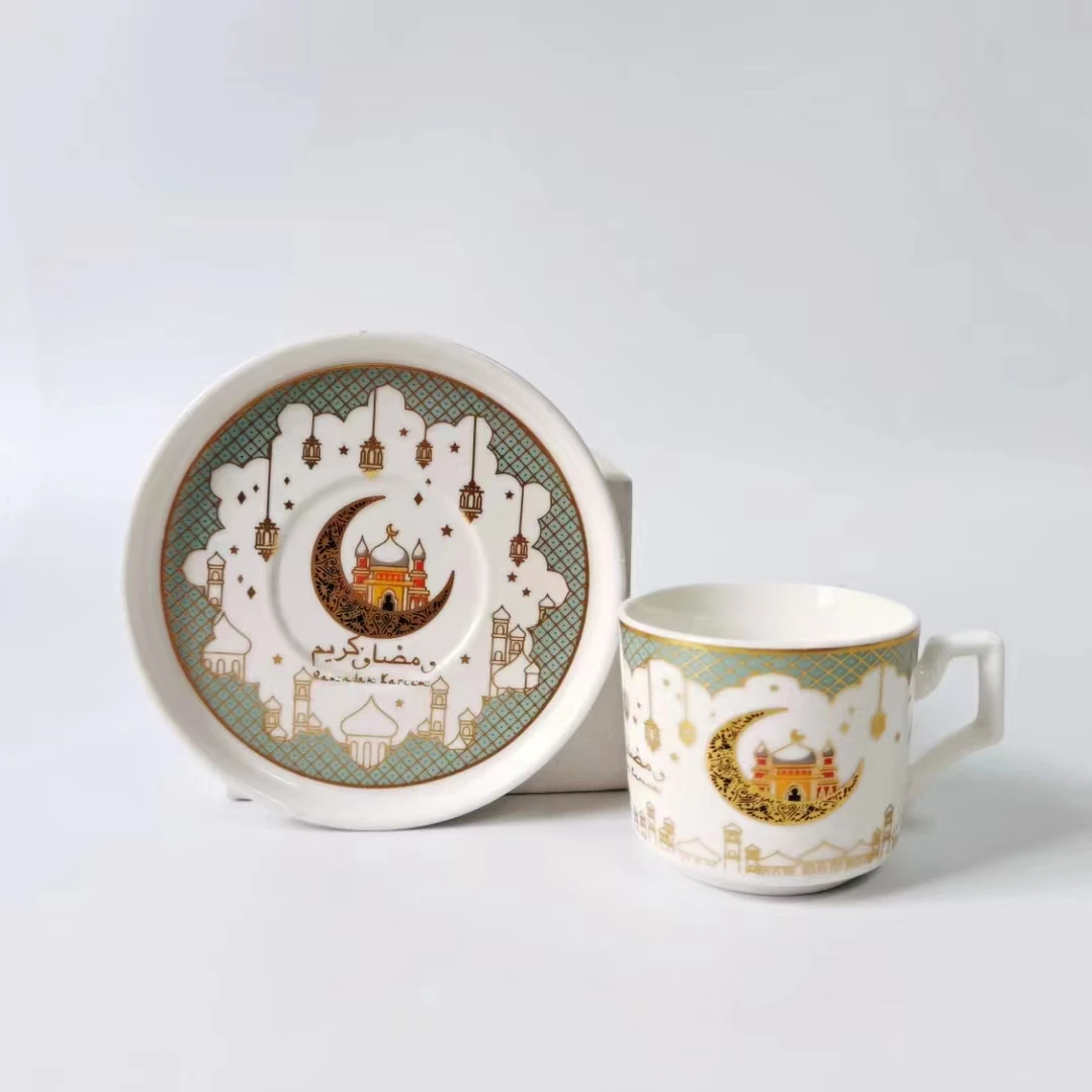 Ramadan Luxury Gift Set QIANHU Brand 110ml Porcelain Enamel 12PCS Turkish Arabic Espresso Coffee and Tea Cup Saucer with Gold Ri