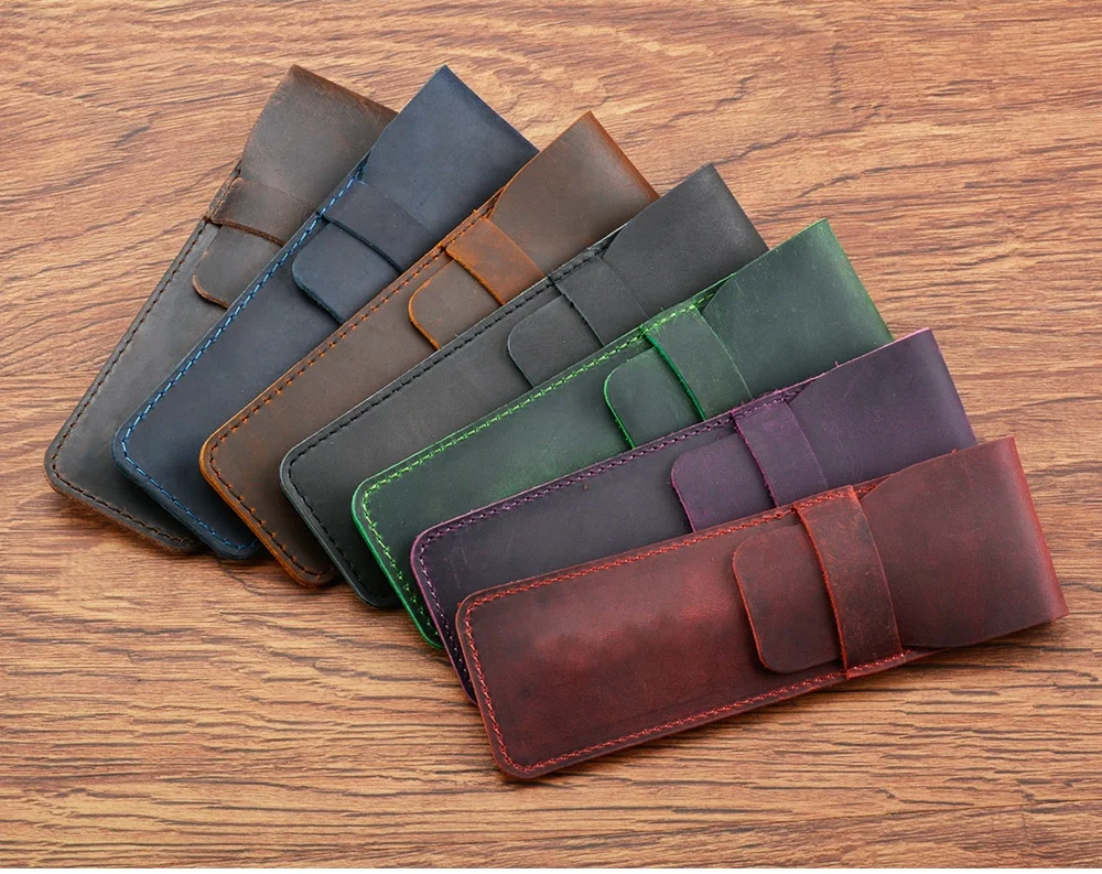 In Stock Hot Sell Leather Pencil Case Holder Handmade Fountain Multi Pens Pouch Crazy Horse Leather Pen Protective Sleeve Cover
