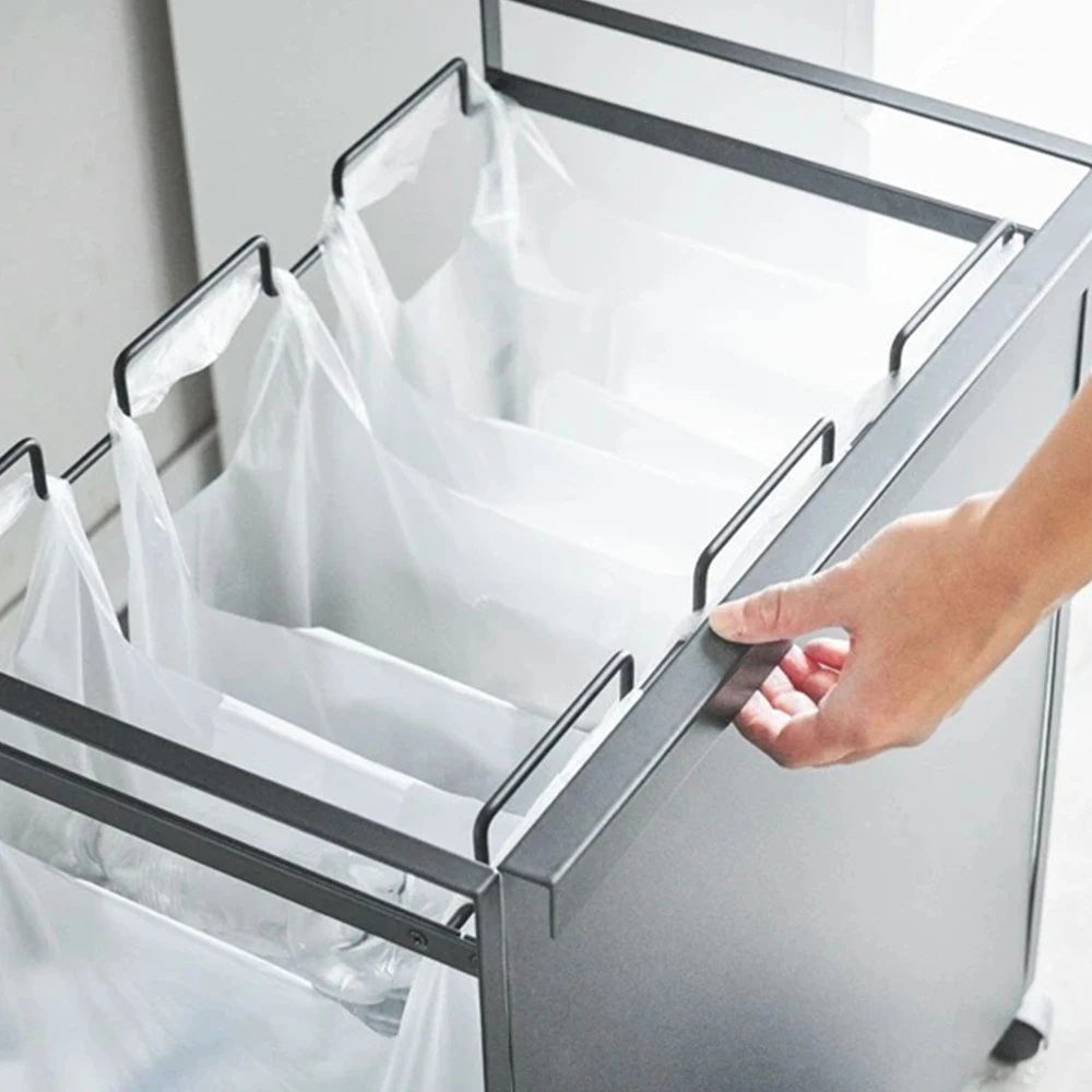 Japanese style minimalist 3 grid classification garbage bin with pulley garbage rack movable kitchen garbage bag storage rack