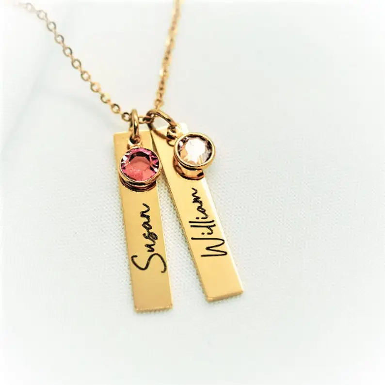 Personalized Gold Stainless Steel Gemstone Name Necklace Family Birthstone Charm Custom Jewelry Bar Necklace