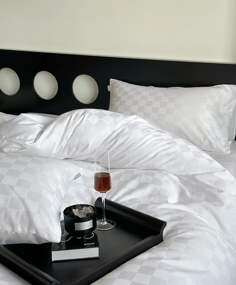 SANHOO Wholesale 100% Turkish Cotton Bed Sheets Chessboard Pattern Sateen King Queen Single Size Hotel Bedding Set