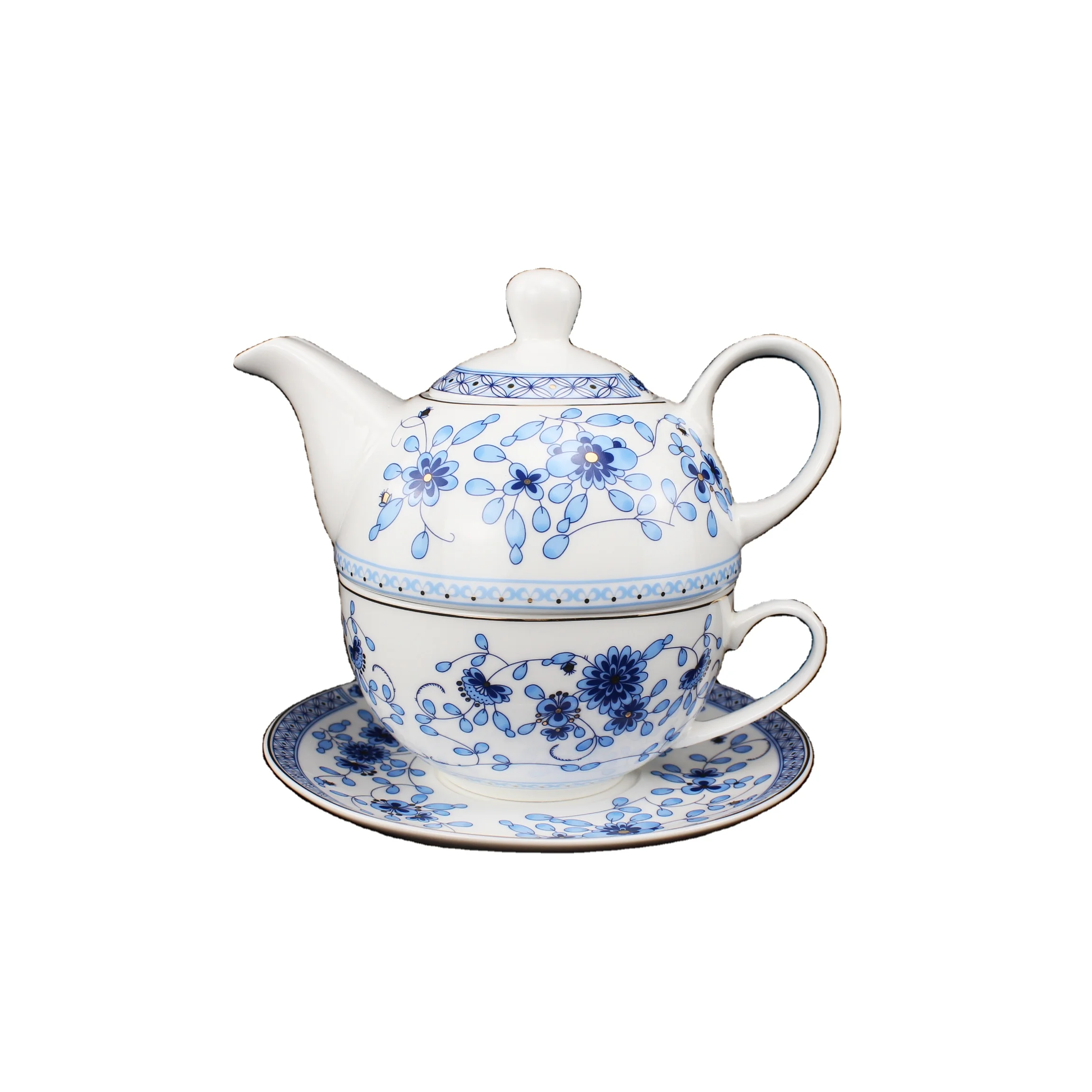 
15PCS Blue Creamer and Sugar Pot Floral Porcelain Coffee Set TeaCup Sets with Teapot for Women and Tea Party 